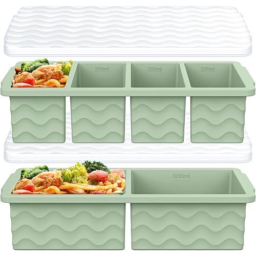 Silicone Freezer Trays with Lid for Soup, 1-Cup & 2-Cup Large Ice Cube Molds Food Storage Containers for Meal Prep, Freeze 500mL/250mL/125mL Portions – 2 Pack