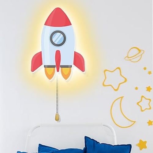 Aurelema Space Rocket Night Light Wall Lamp Sleeping Nursery Lighting Cute Floating Battery Operated Hanging Lamp for Baby Boys Girls Bedroom Room Nursery Wall Decorations