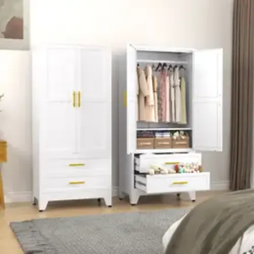 Metal Wardrobe Closet with 2 Doors & 2 Drawers, 71"" Tall Armoire Wardrobe Closet with Hanging Rods and Adjustable Shelf, Steel Wardrobe Storage Cabinet for Bedroom, Large mothersdaygift - TikTok Shop