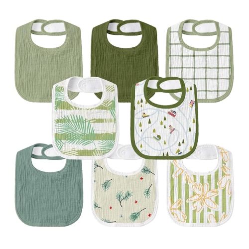 Muslin Bibs for Baby Boy Girl, Adjustable Fit for Drooling and Teething | 8Pk, 100% Cotton Surface & Multi-Layer Absorbent Core, Shrink-resistant & Fade-Proof, Gentle on Sensitive Newborn skin