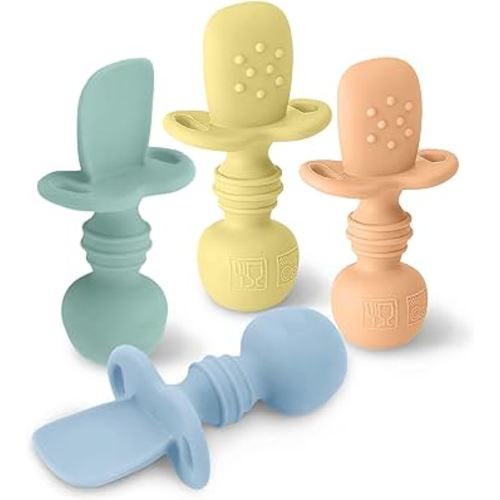 LittleWhispers Baby Silicone Spoons - Self Feeding 6 Months - Infant, Toddler, & Kid Friendly Utensils - First Stage, Baby Led Weaning - 4 Pack Utensil Set (Pastel)