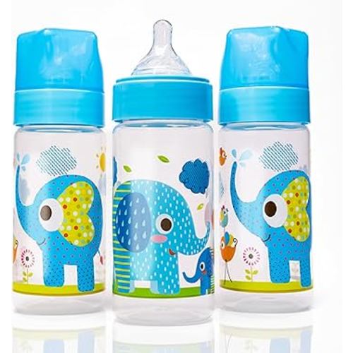 Avima Baby 9 oz Anti Colic Baby Bottles for Breastfed Babies - Medium Flow Nipples, Wide Neck Bottle, BPA Free - 3-6 Months, Stage 2 (Set of 3) Blue Baby Bottle - Elephants