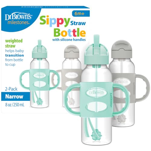 Dr. Brown's Narrow Sippy Straw Bottle with Handles, Gray & Green, 2-Pack | Teach baby straw-sipping skills, weighted straw lets them drink in any direction, 100% silicone handles, 8 oz, 6m+