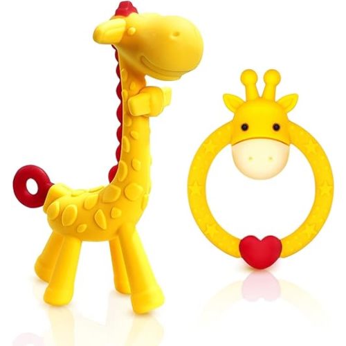 SHARE&CARE BPA Free Silicone Giraffe Baby Teether Toy with Storage Case, for 3 Months Above Infant Sore Gums Pain Relief and Baby Shower, Baby Teething Toys (Yellow)