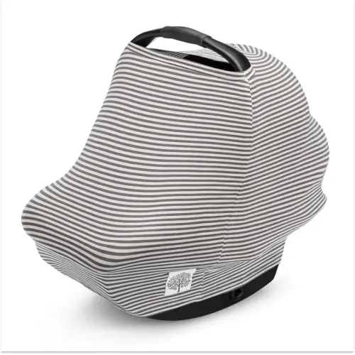 Parker Baby 4 in 1 Car Seat Cover for Girls and Boys - Stretchy Carseat Canopy, Nursing Cover, Grocery Cart Cover, High Chair Cover - “Pewter/Snow Stripes”