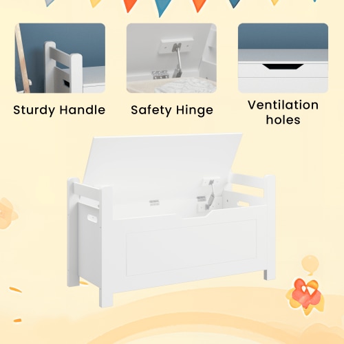 Kids Furniture Kids Toy Box Chest, White Rubber Wood Toy Box for Boys Girls, Large Storage Cabinet with Flip-Top Lid/Safety Hinge, Toy Storage Organizer Trunk for Nursery, Playroom,Baby Furniture