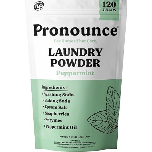 Pronounce Laundry Detergent Powder Alternative | Non-Toxic, Eco-Friendly, Natural for Sensitive Skin, Eczema, and Babies. Stain + Smell Fighting. HE Safe (Peppermint, 120 Loads)