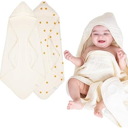 NINTARABABY Hands-Free Hooded Towel - 100% Organic Premium Muslin Cotton, 30" x 30", Ultra-Absorbent, Soft, Breathable, Hypoallergenic, Multipurpose, Gifts for Babies & Infants, Pack of 2