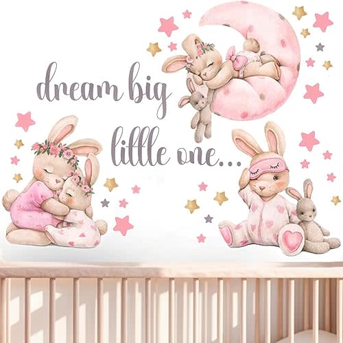 Pink Bunny Nursery Wall Decals-Baby Girl Room Rabbit Wall Decor, Animal Stickers for Kids Playroom, Toddler Bedroom and Nursery Decoration, Removable Vinyl Decals, Peel and Stick Easy to Apply.