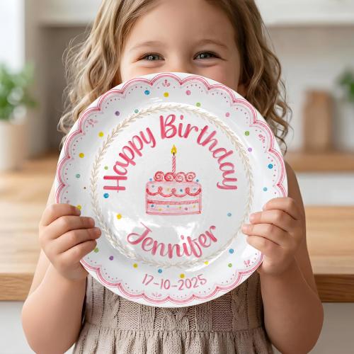 Custom Girl Birthday Plate Personalized Name Ceramic Keepsake, Pink Cake Plate, Scalloped Edge Polka Dot Party Gift P56DCB0