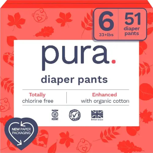 Pura Hypoallergenic Diaper Pants Size 6 (33+ lbs) Overnight, up to 12 Hours Leak Protection, Suitable for Sensitive Skin, Totally Chlorine Free, Soft Organic Cotton, 3 Packs of 17 (51 Pull Up Pants)