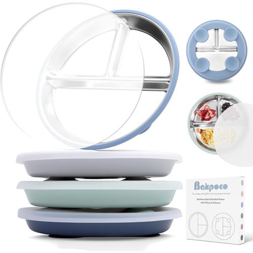 Bakpoco Stainless Steel Toddler Suction Plate with Lid, Deepened 9" Divided Plates with Removable Silicone Sleeves for Kids, Non Toxic Unbreakable Snack Dishes Set of 4, Sage Blue Beige Lilac