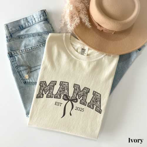 Comfort Colors® Mama Shirt with Est Year, Faux Black Lace Bow Momma tshirt, Custom First Mother&#39;s Day Gift for New Mom, Pregnancy Reveal tee