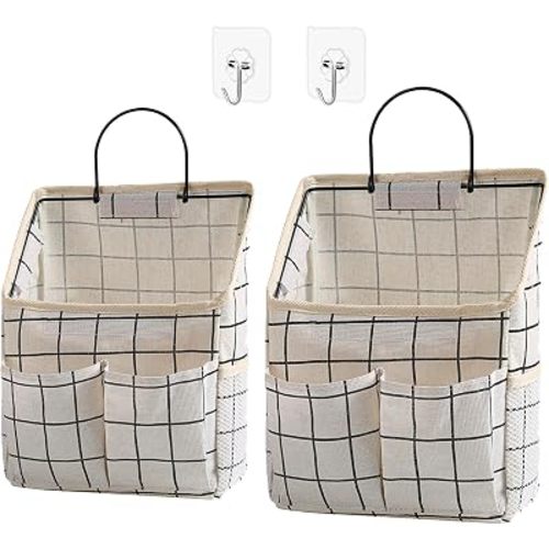 2 Pack Wall Hanging Storage Bags, Organizer with Pockets, Storage for Dormitory Bathroom Bedroom Kitchen (White Grid)