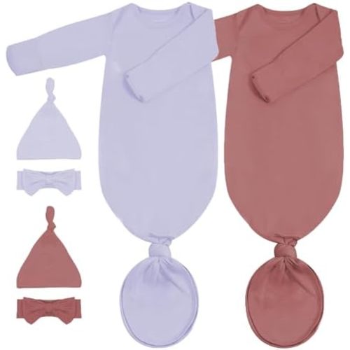 2Pack Newborn Baby Knotted Gown, Super Soft Modal Infant Long Sleeve Sleeper with Hat and Headband Set