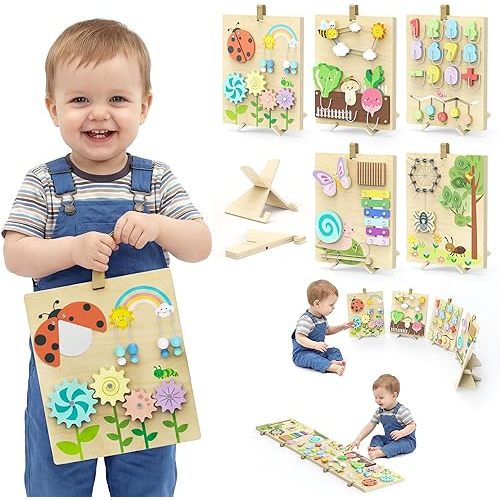 BlueWood Wooden Busy Board for Toddlers, 14-in-1 Montessori Philosophy Educational Toy, Activity Center Made from Basswood, No Drilling, Easy to Carry & Store