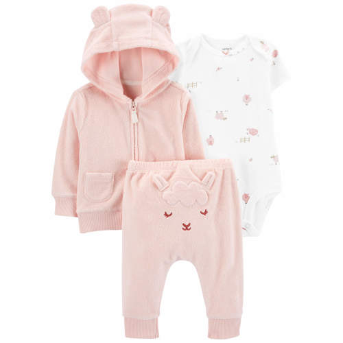 Baby 3-Piece Terry Little Cardigan Set - NB - Style,Pink/White