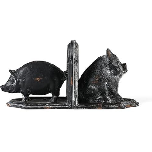 Pig Bookends, Set of 2 Farmhouse Book Ends, Distressed Gray