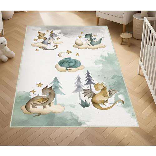 Little Dragon Nursery Rug: Soft, Non-Slip Kids Play Area, Washable Soft Play Mat, Dragon Kids Rugs, Baby Room Decor