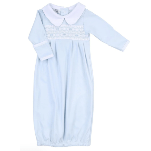 Fiona and Phillip Blue Smocked Collared Pleated Gown | Posh Tots Children's Boutique