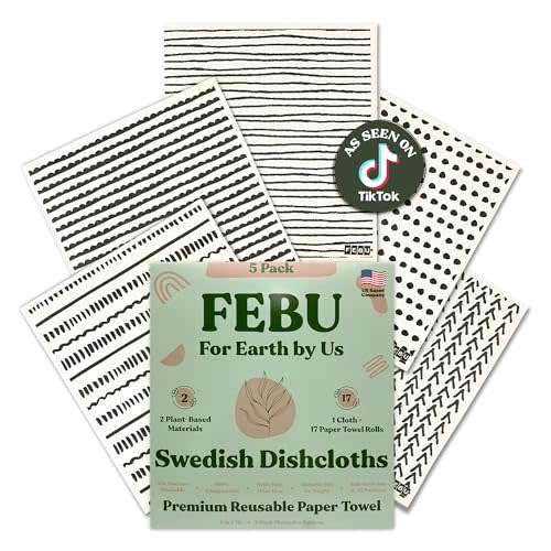 FEBU Swedish Dishcloths for Kitchen | 5 Pack Black Minimalist Reusable Paper Towels Washable | Swedish Dish Towels | Non-Scratch Cellulose Sponge Cloths | No Odor, Biodegradable Cleaning Cloths