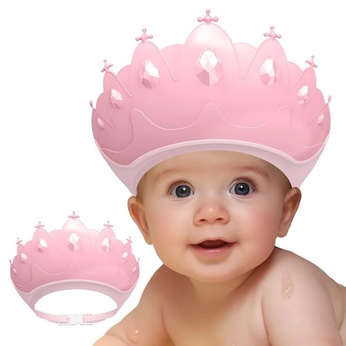 Baby Shower Cap Shield, Baby bath set shower cap, Visor Hat for Eye and Ear Protection for 0-9 Years Old Children,Cute Crown Shape Makes the Baby Bath More Fun (Pink)