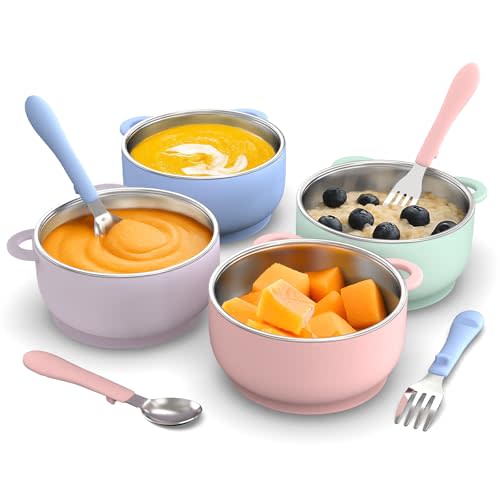 Suction Toddler Bowls and Feeding Utensils Set, 2-in-1 Stainless Steel 304 Kids Bowl & Silicone Suction Baby Bowl with Spoons and Forks, First Self-feeding Training Set, Unicorn Magic
