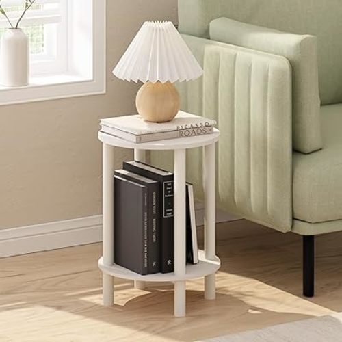 Furinno Turn-N-Tube Side Table, 2-Tier Round End Table, Toolless Assembly Night Stand, Bedside Table with Open Shelf, for Living Room, Bedroom, White