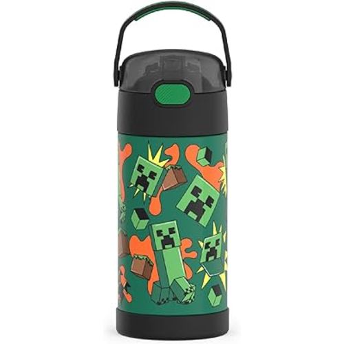 THERMOS FUNTAINER Water Bottle with Straw - 12 Ounce, Minecraft - Kids Stainless Steel Vacuum Insulated Water Bottle with Lid
