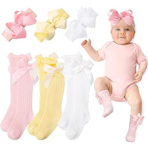JATEBI Baby Girls Big Bow Headband and Knee High Socks Cute Bows Lace Soft Super Elastic Headband for Baby Girls Newborn Infant Toddlers