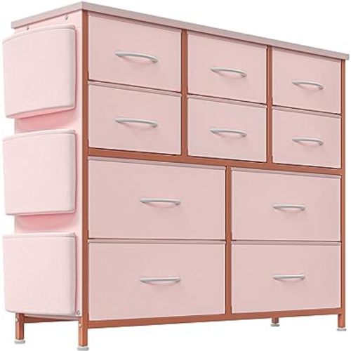 TrailBlaze Multifunctional Drawer Tower - Spacious Storage with 10 Drawers, Fabric Pockets, Hooks, Sturdy Steel Frame, Waterproof Wood Top, Anti-Tip Safety, Easy Assembly(Pink)