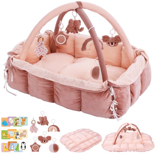 My Home Finds 5-in-1 Baby Play Gym and Tummy Time Mat, 12 Learning Cards, Plush Activity Mat with 6 Toys, Baby Gym, Convertible to Ball Pit, Baby Gift, Pink - 5-in-1 Baby Play Gym and Tummy Time Mat, 12 Learning Cards, Plush Activity Mat with 6 Toys, Baby