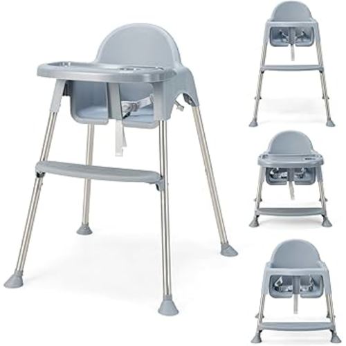 HONEY JOY Baby High Chair, 4 in 1 Convertible Highchair for Babies and Toddlers, Adjustable Legs, Double Removable Tray & Footrest, 3-Point Safety Harness for Infants Boys Girls (Gray)