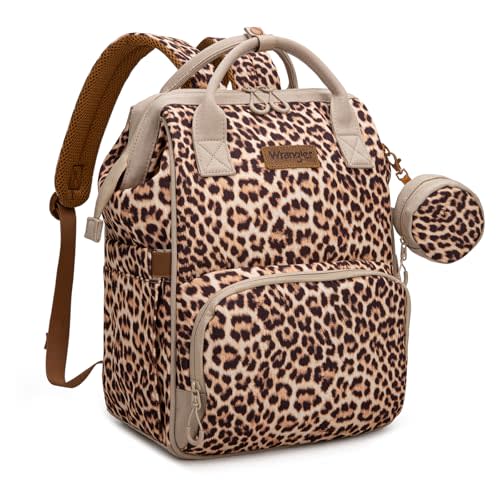 Wrangler Leopard Print Backpack Multifunction Baby Travel Bag with Changing Pad, Stroller Straps and Pacifier Case WG2204-91103LP-BR