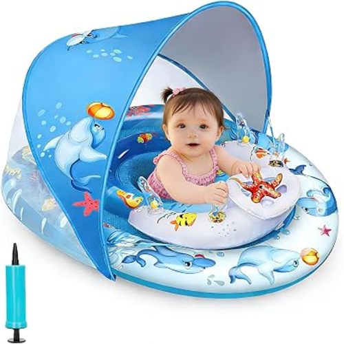 Baby Pool Float, 120° Adjustable UPF50+ Canopy, Anti-Flip Double Air Chamber Safety Seat, 2-in-1 Backstroke Breaststroke Thick PVC Swim Ring with Animal Toys for 3-36M Infants Toddlers