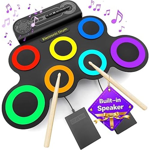 Electric Drum Set Built-in Speaker, Kids Drum Pad and Sticks, Portable Roll Up Drums Practice Pad for Kids, Great Birthday for Girls Boys