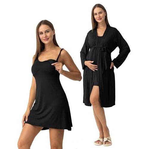 SUNNYBUY Nursing Nightgown & Maternity Robe Set for Postpartum Sleepwear | Built-In Bra, Clip-Down Nursing Dress, 3 in 1 Labor Delivery Breastfeeding Gown, Hospital Bag Pajamas
