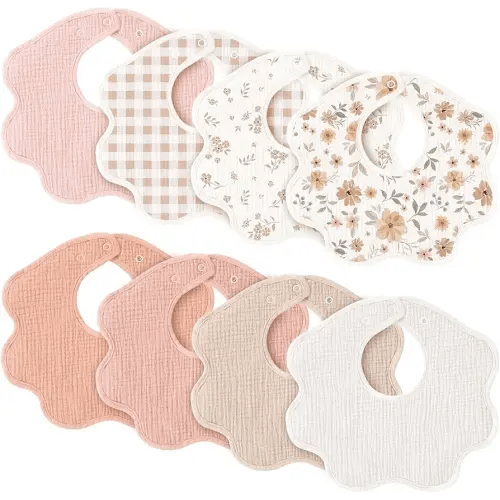 Konssy Muslin Baby Bibs 8 Pack, 100% Cotton Absorbent Bandana Drool Bibs for Teething and Drooling for Unisex Boys and Girls