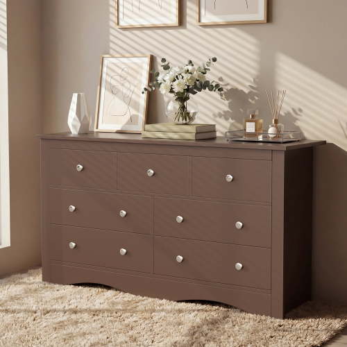 Homall 7 Drawer Dresser for Bedroom, Wood Double Chest of Drawers with Metal Handles, Wide Storage Cabinet Organizer for Living Room, Brown