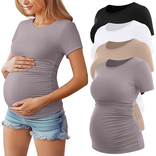 Huukeay 4 Pack Women's Short Sleeve Maternity Tops | Cotton Crew Neck Maternity Shirts, Slim Fit Side Ruched Pregnancy Clothes, Summer Casual Maternity Outfits, Trendy Mama Tees