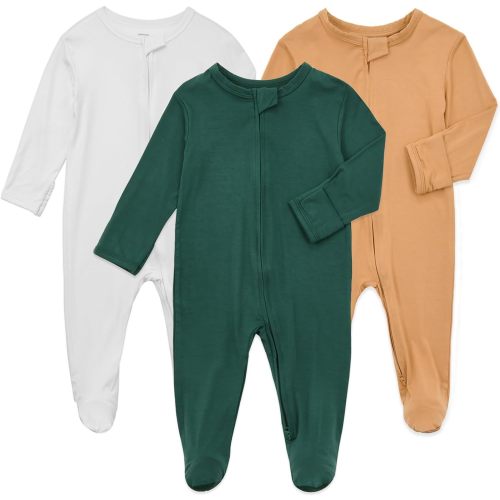 Aablexema Baby Zipper Pajamas Bamboo Rayon, 3pcs Unisex Infant Onesies with Mitten Long Sleeve Footed Pjs - White & Khaki Yellow & Green - Newborn