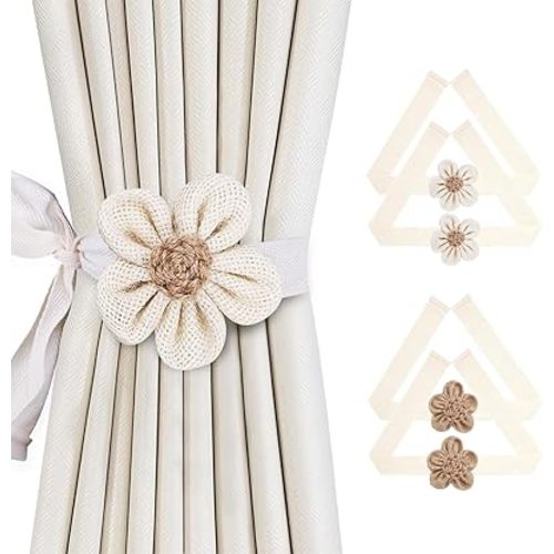 SRG 4pcs Handmade Rope Curtain Tiebacks | Boho Flower Curtain Holdbacks | Simple Elegant Sunflower Curtain Holders | Boho Bedroom Decor（Cream&Khaki）