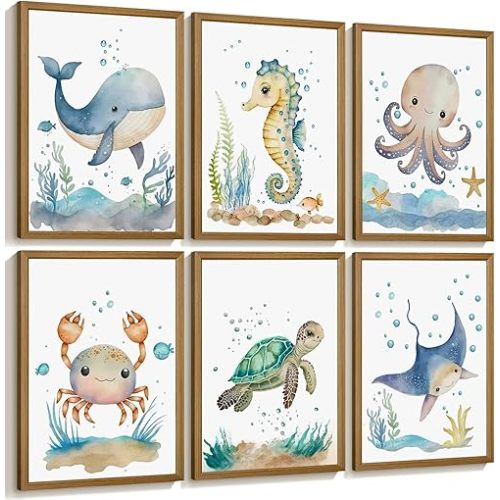 Nursery Sea Animal Wall Decor Set of 6 Ocean Watercolor Canvas Wall Art Baby Boys Room Wall Art Ocean Sea Animal Pictures Kids Girl Art Prints Nursery Artwork for Bedroom 8x10 Inch Wood Framed