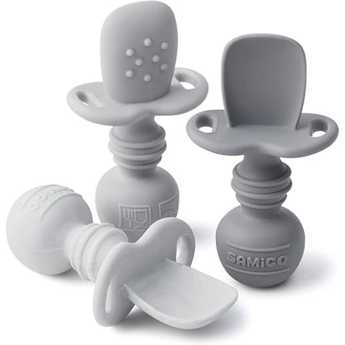 SAMiGO Silicone Baby Spoons Self Feeding 6+ Months - Infant Toddler Utensils - First Stage Baby Led Weaning Feeding Supplies - Set of 3 Pack