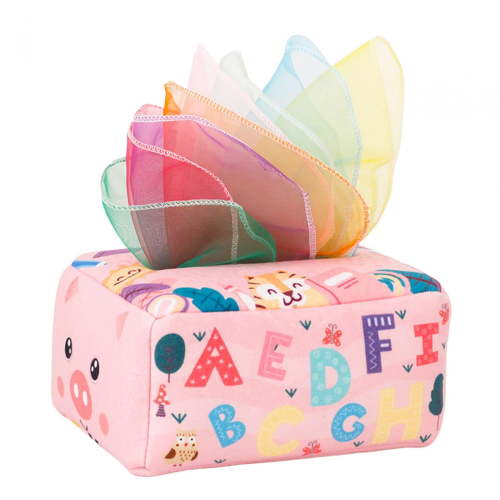 Infant Tissue Box Toy Soft High Contrast Baby Toys Montessori Toys Development with 10 Colorful Scarves Sensory Toys for Kids Great Gifts Pig