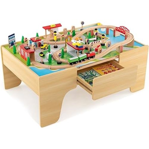 Costzon Train Table, 3-in-1 Wooden Train Set Table with Reversible 84 PCS Track Train Toys, Table Map & Storage Drawer for Building, Playing, Studying, Eating, Kids Activity Table for Toddlers Aged 3+