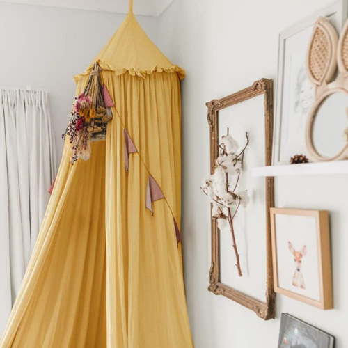 Kids Bed Canopy with Frills Cotton Cover Net for Baby Crib Reading Nook Curtain Hideaway Hanging Round Tent Nursery Bedding Play Room Decor