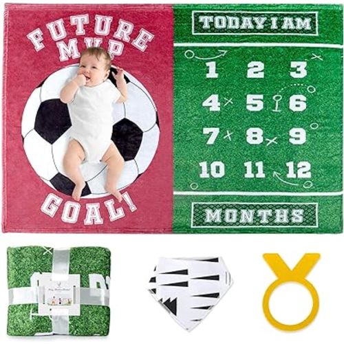 SUKOON Monthly Milestone Blanket for Baby Boy/Girl | Soccer Theme | Includes Frame and Bib | Large | 47"x40" | Personalized Baby Month Blanket for Newborn Baby Shower