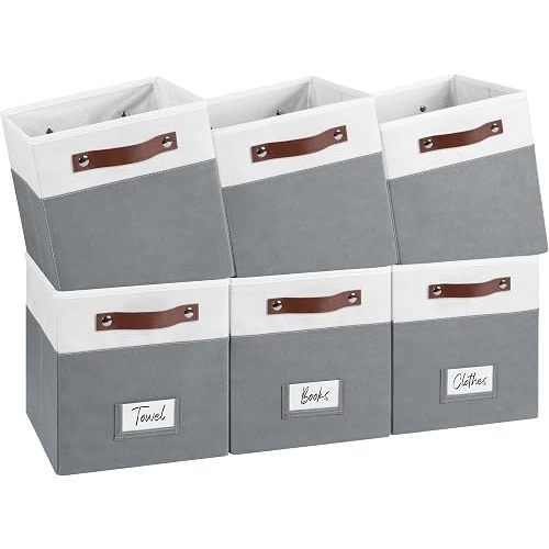 FinishingBo 6-Pack Storage Cubes with Handles & Label Holders Basket, Closet Cube Home Organizer Bins(White/Dark Grey, 10.5*10.5*11 inch)