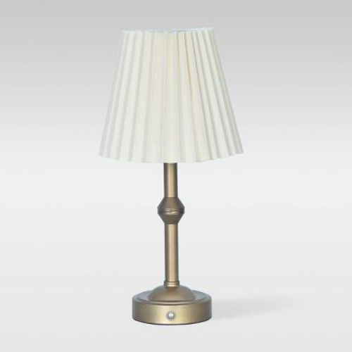 Armoire Cottage Collection Brass Portable Cordless Table Lamp (Includes LED Light Bulb) with Solid Taupe Pleated Shade